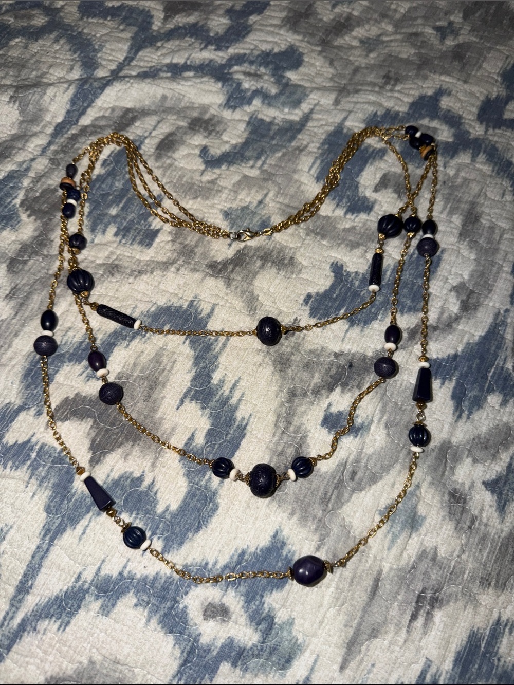 Vintage Gold Multi-Strand Necklace with Dark Blue Beads